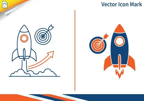 Startup rocket launch with bullseye target and growth arrow. Illustrazione stock