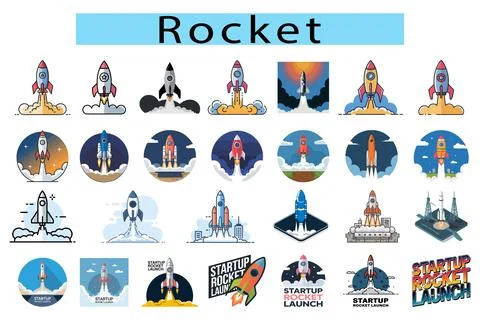 Startup rocket launch icon in flat vector, Rocket icon vector art, Rocket vector Stock Illustration