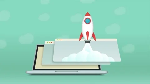 Startup Rocket Launch from Laptop Screen with Open Browser Tabs Animation Stock Footage 328099283