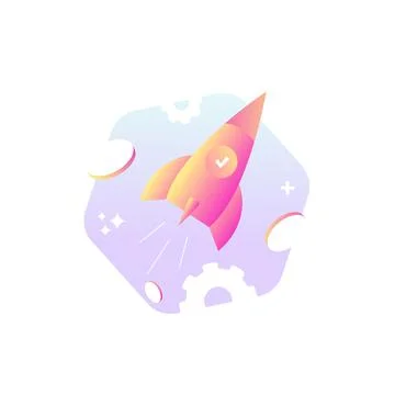 Startup rocket launches icon upward with trailing flames gears background stars Stock Illustration