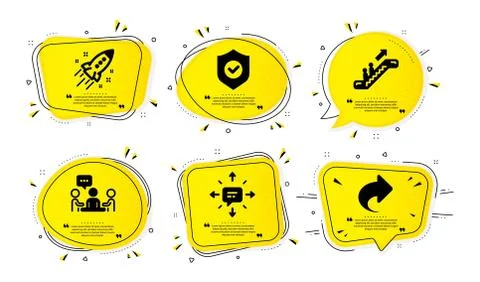 Startup rocket, Security shield and People chatting icons set. Escalator, Sms Stock Illustration