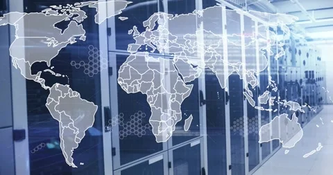Startup server racks showing North America outline expanding into map hex nodes Vídeos de archivo 328413223