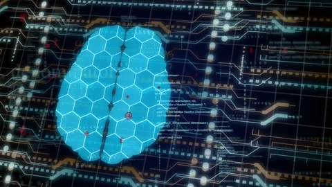 Startup signal activating hex-tiled brain, tiles pulsing, red markers moving, Stock Footage 334337953