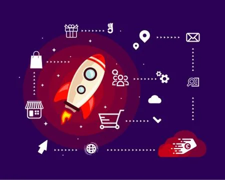 Startup Simple Rocket web design, Responsive web design flat vector, design t Stock Illustration