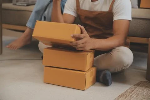 Startup small business owner working with computer at workplace. Freelance .. Stock Photos