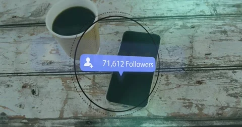 On startup smartphone showing circle overlay and bubble updating follower counts Stock Footage 318475666