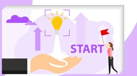 Startup. Startup Development. A light bulb takes off from a person s hand. イラスト素材