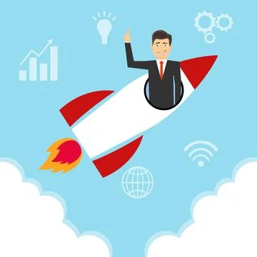 A startup, a startup icon, a rocket flying in the clouds with a man Stock Illustration
