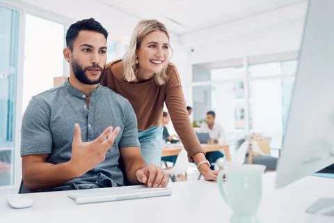 Startup, strategy and team at computer in office for website ux planning Stock Photos