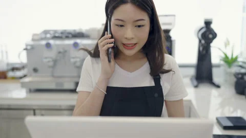 Startup successful small business owner sme asian girl stand with tablet. Stock Footage 219861506