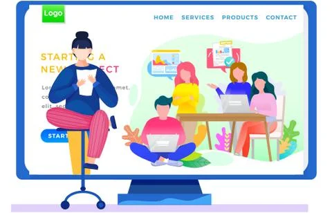 Startup, successful teamwork, group of young people with laptops working Stock Illustration