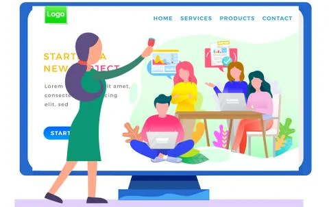 Startup, successful teamwork, group of young people with laptops working Illustrazione stock