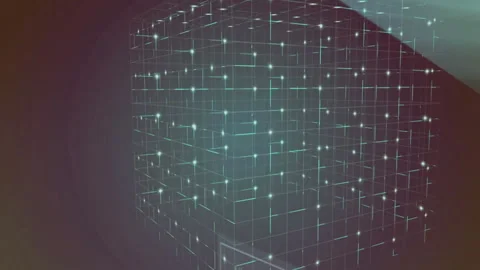 On startup teal gridlines forming glowing 3D wireframe cube with glitch bars Stock Footage 310141138