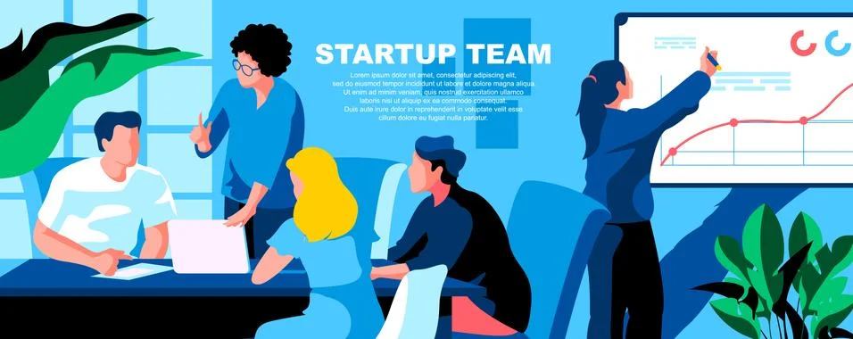 Startup team flat vector landing page template. Illustrazione stock
