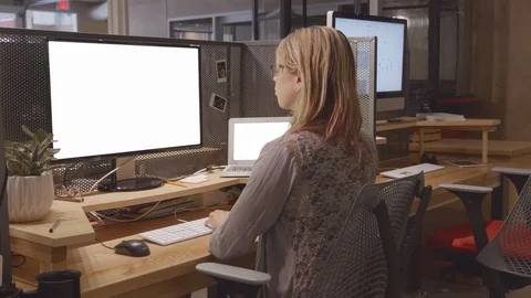 Startup Tech Office Workstation Business, Young Woman Workstation Web Work Video stock 99674003