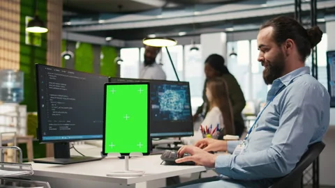 Startup technician using isolated screen tablet, developing AI models Stock Footage 313164909