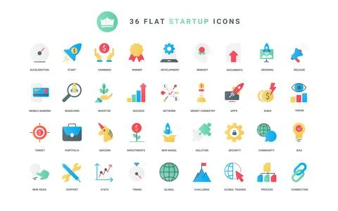 Startup technology, project development trendy flat icons set, success solution 스톡 일러스트