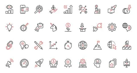 Startup technology trendy red black thin line icons set, success ideas and Stock-Illustration