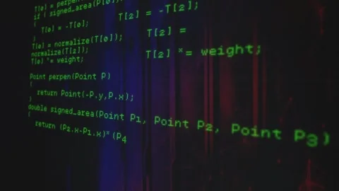Startup-triggered code scrolling revealing C++ calls and geometry functions for Stockbeeldmateriaal 319682274