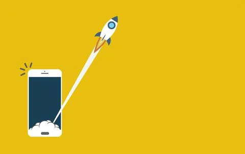 Startup vector concept on smartphone, flat cartoon rocket launch, idea of Stock Illustration