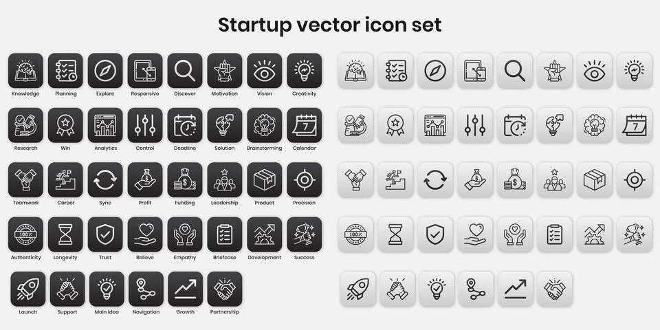 Startup vector icon set. black and white icon series with line and stroke Stock-Illustration