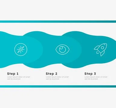 Startup vision blue overlay horizontal timeline infographic 3 steps Stock Illustration
