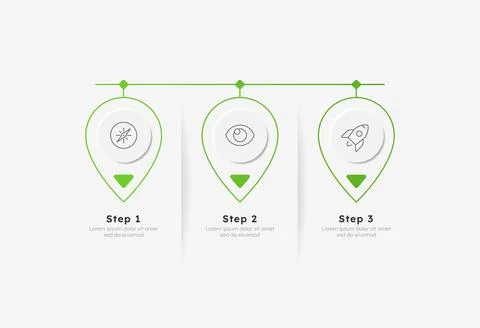 Startup vision green drop horizontal timeline infographic 3 steps Stock Illustration