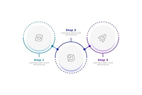 Startup vision multicolor circle horizontal timeline infographic 3 steps Stock Illustration