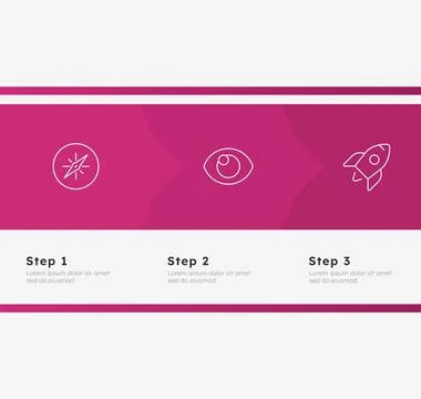 Startup vision pink horizontal frame timeline infographic 3 steps Stock Illustration