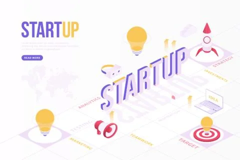 Startup web banner concept. Creative design template with Isometric objects a Stock Illustration