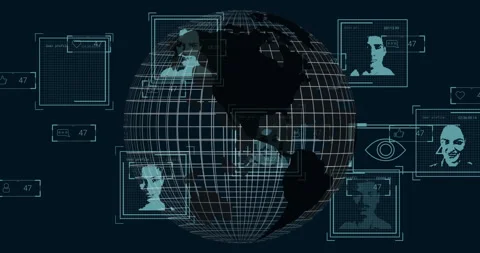 On startup wireframe globe rotating with UI panels sliding and updating data Video stock 310282668