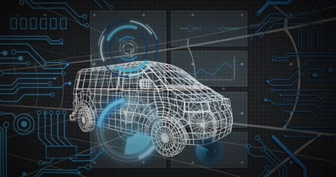 On startup, wireframe van staying centered while blue HUD rings forming, Stock Footage 328657143