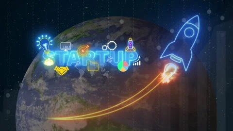 STARTUP word and rocket spaceship icon on virtual graph and chart Stock Footage 258018728