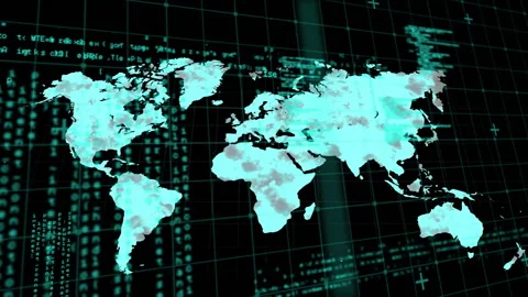 On startup world map emerging on 3D grid, scan line, code streams moving for Stock Footage 312770822