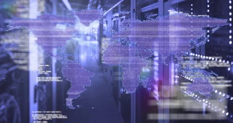 On startup world map overlay materializing while code scrolling up across aisle Stock Footage 311084478