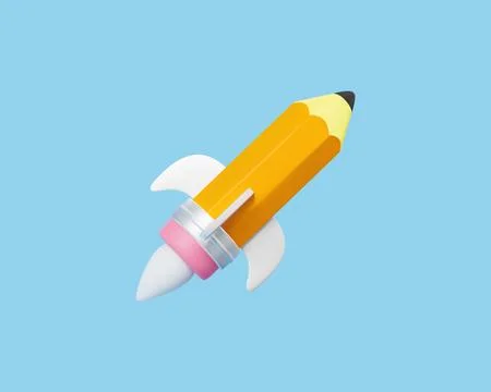 Startup,creative idea for business or school.3d realistic pencil rocket Stock Illustration