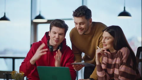 Startupers discussing project online talking to laptop webcam in office closeup. Stock Footage 340074672