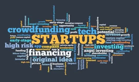 Startups concept. Tech start-up company word cloud sign. Illustrazione stock