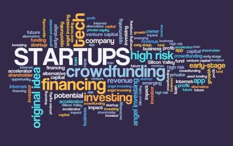 Startups concept. Tech start-up company word cloud sign. Stock Illustration