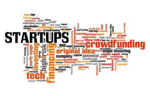 Startups concept. Tech start-up company word cloud sign. Stock Illustration