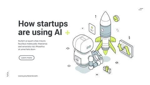 Startups using AI for project launch isometric banner. Robot with gear launch Stock Illustration