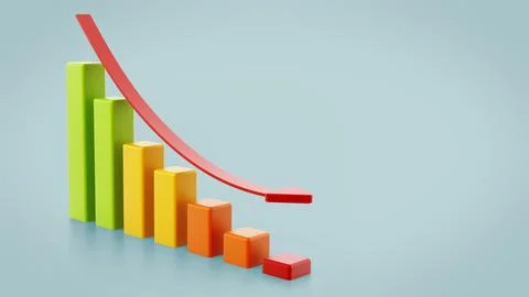 Stat bars and falling arrow showing a downward trend. 3D illustration Stock Illustration