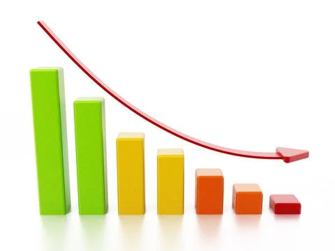 Stat bars and falling arrow showing a downward trend. 3D illustration Stat... Stock Photos