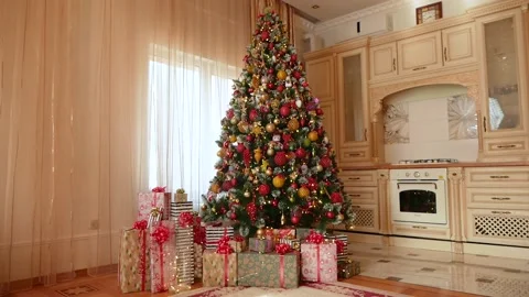 Stataic view on christmas tree on light kitchen Stock Footage 165240632