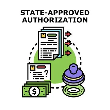 State approved authorization process with documents and stamp Stock Illustration
