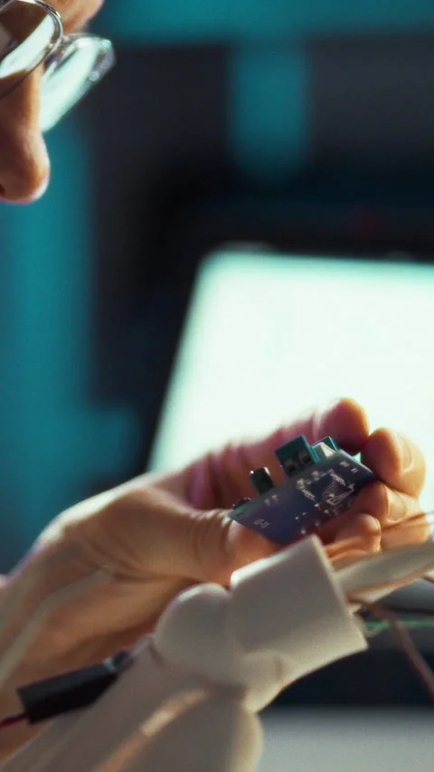 In state-of-the-art lab an engineer meticulously examines compact circuit bo Stock Footage 331601242