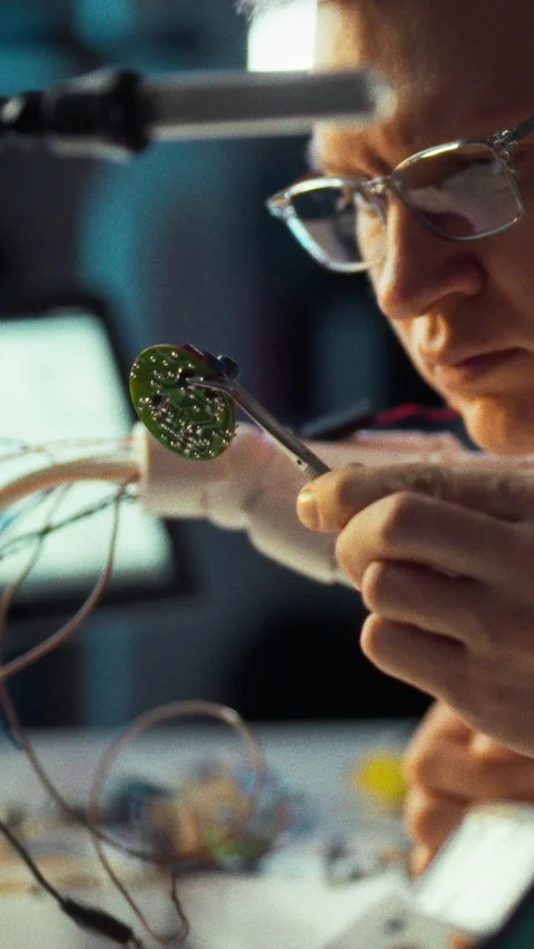 In state-of-the-art laboratory engineer intensely examines complex circuit b Stock Footage 331601235