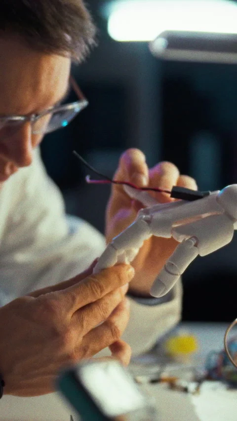 In a state-of-the-art laboratory a skilled engineer carefully assembles intr Stock Footage 331600804