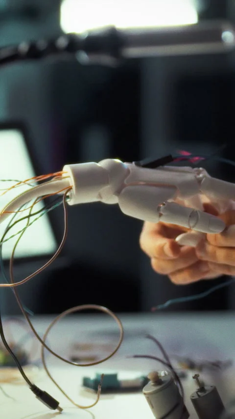 In state-of-the-art workshop engineer carefully assembles robotic hand linki Stock Footage 331601409