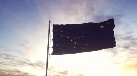 State flag of Alaska waving in the wind. Dramatic sky background. 3d illustra Stock Illustration